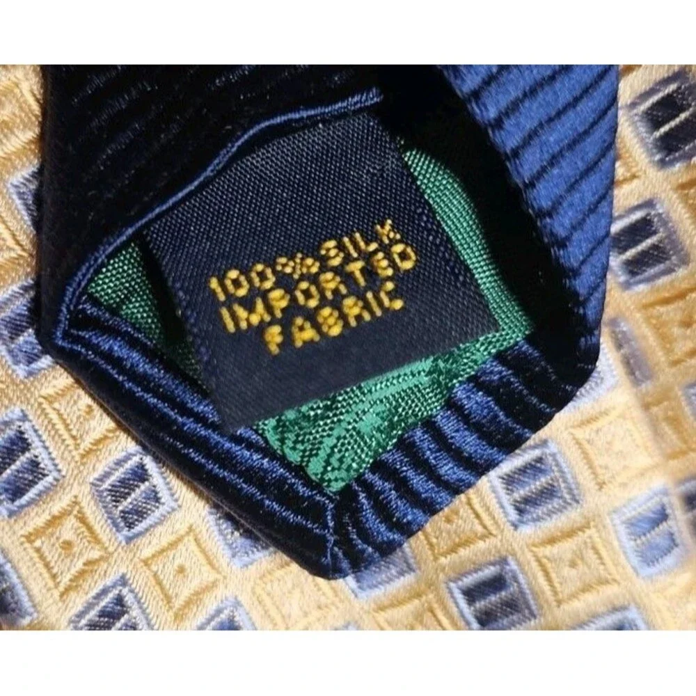 Tommy Hilfiger 100% Silk Tie Gold Blue Geometric Men's Designer Necktie